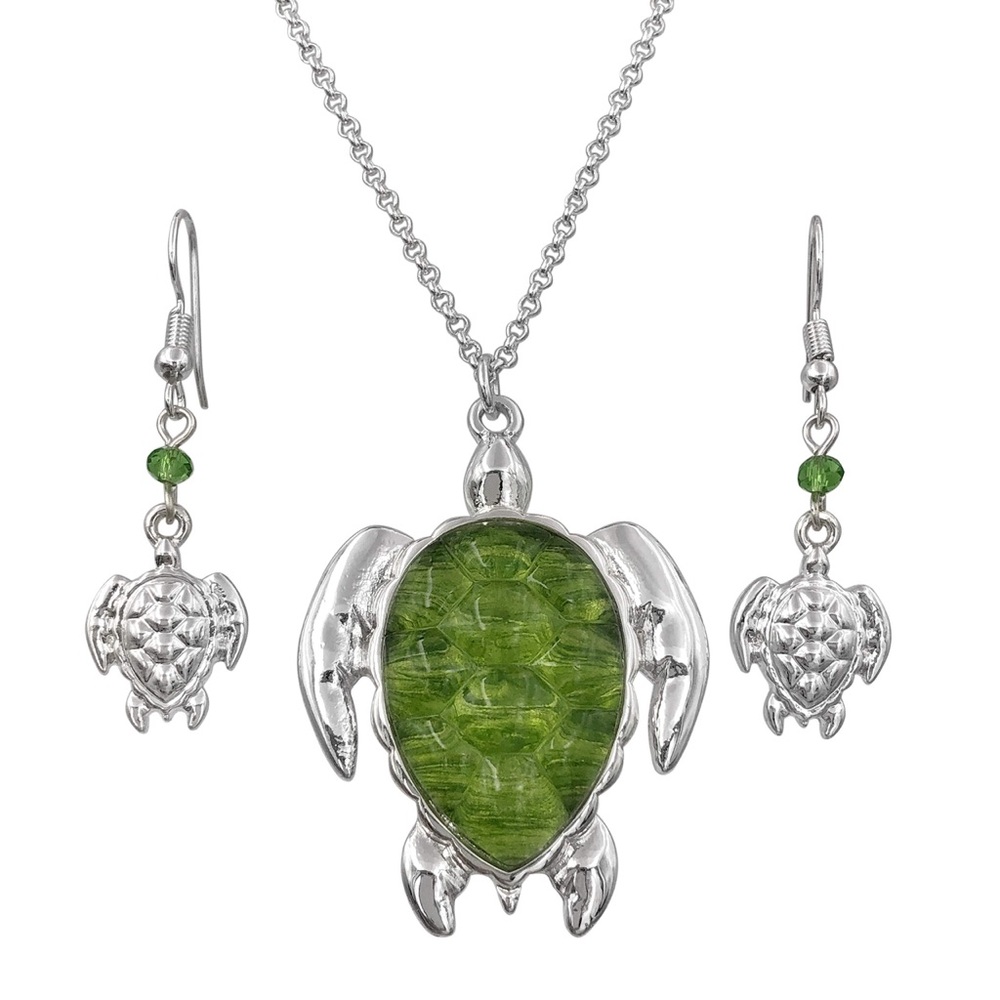 Green Sea Turtle Silver Necklace Earrings Set